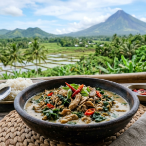 Kinunot dish with flaked ingredients and coconut-based mixture served in a bowl