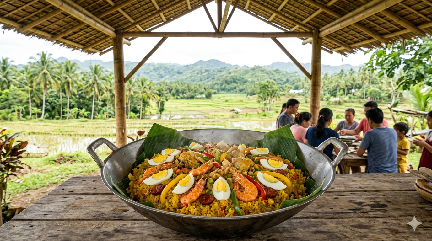 A serving of bringhe with rice, chicken, vegetables, and coconut-based sauce in a traditional dish