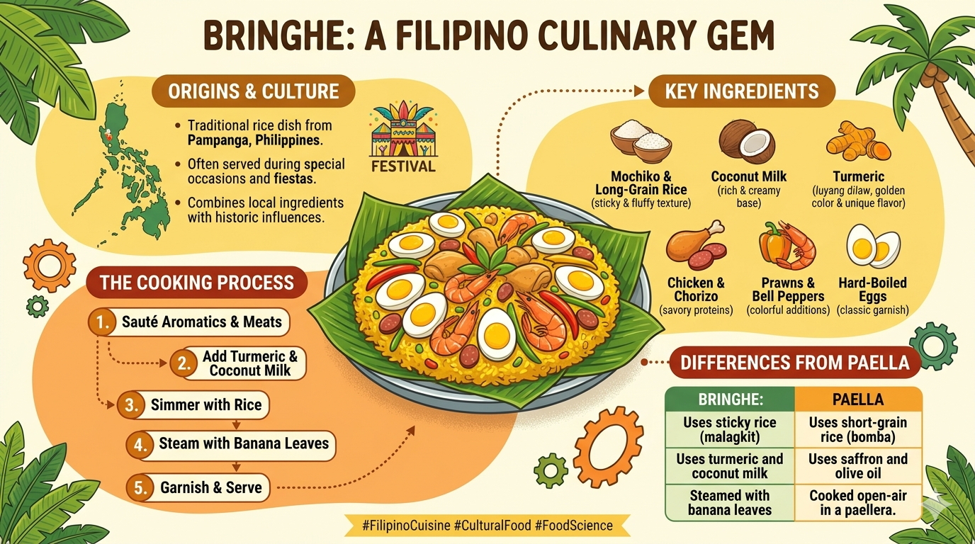 Visual breakdown of bringhe ingredients including rice, coconut milk, chicken, and vegetables with basic cooking steps