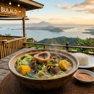 Bulalo soup served in a bowl showing beef, marrow bones, and vegetables