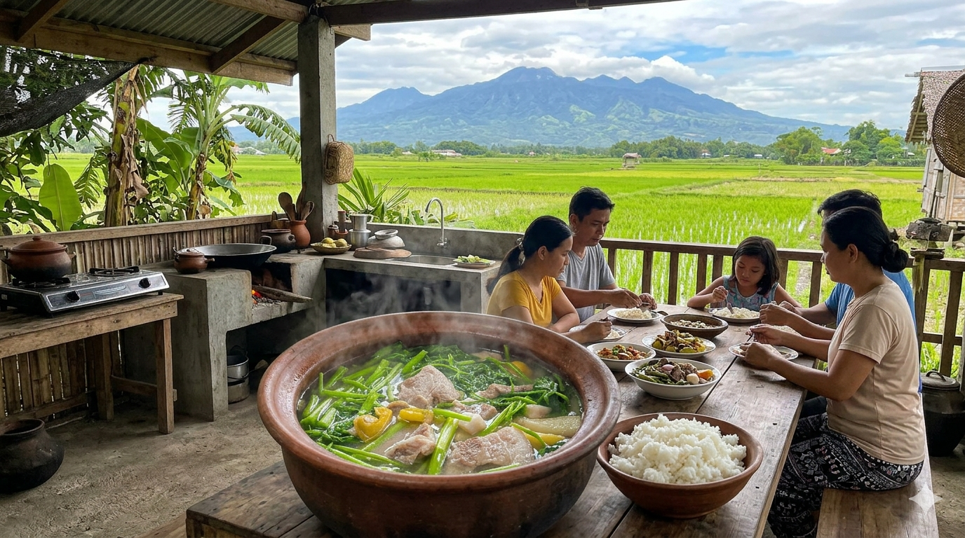 A bowl of Bulanglang Kapampangan with mixed vegetables in clear broth