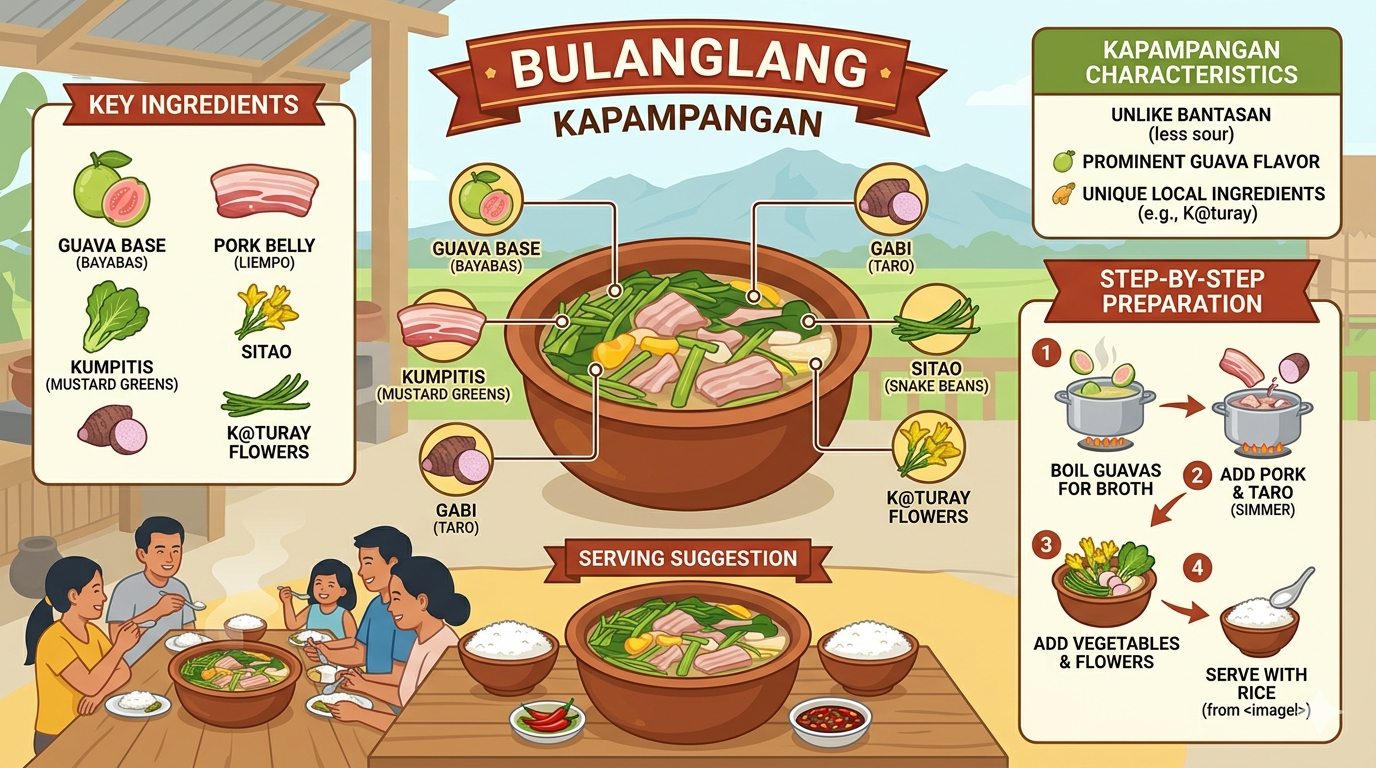Visual layout showing ingredients and cooking steps for Bulanglang Kapampangan