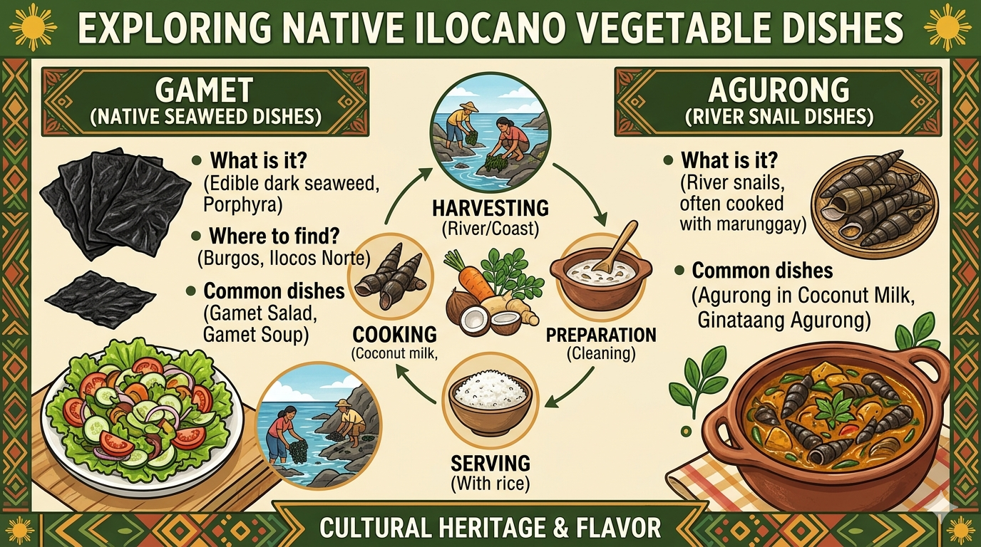 Diagram showing vegetables, aromatics, and cooking methods used in gamit and agurong dishes