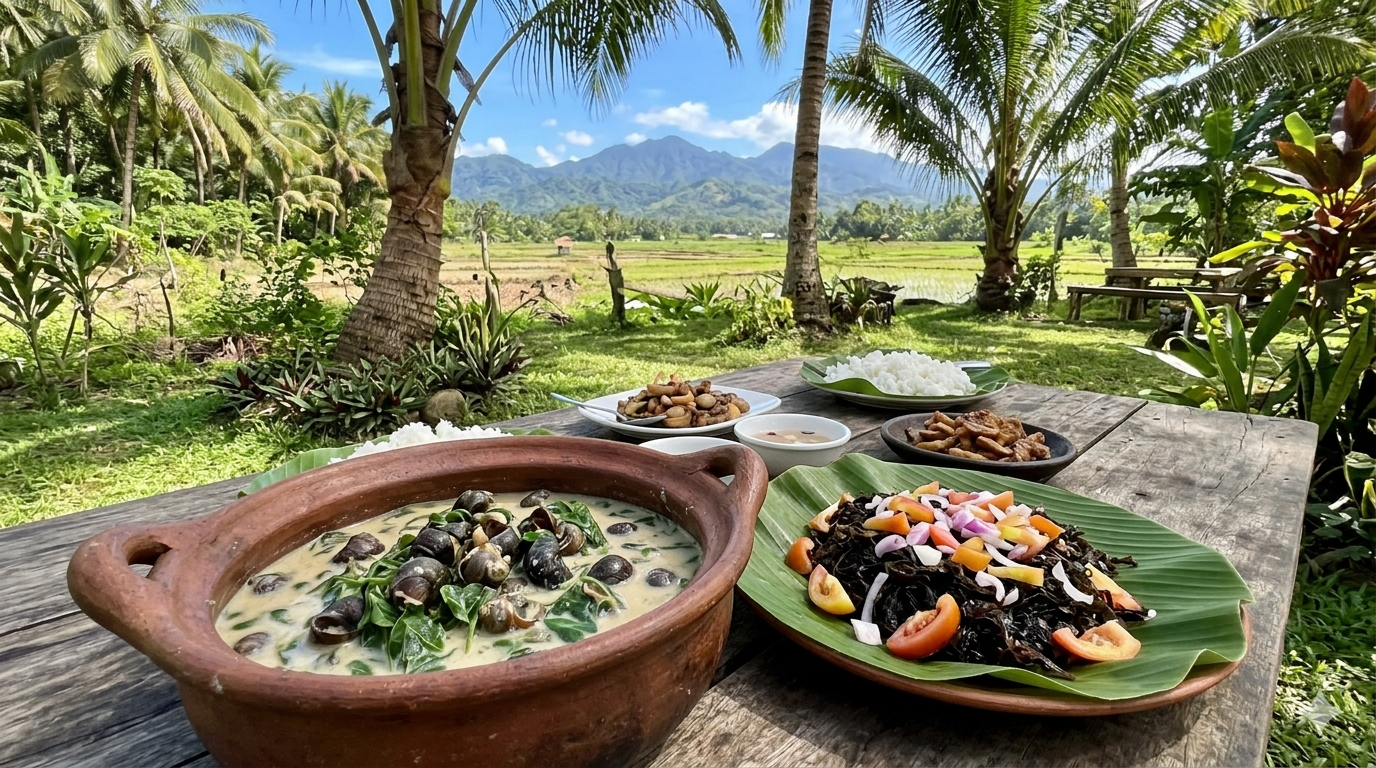 Bowl of traditional vegetable dish with leafy greens, squash, and eggplant on a wooden surface