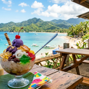 Halo-Halo Special dessert with mixed ingredients, shaved ice, and toppings in a glass
