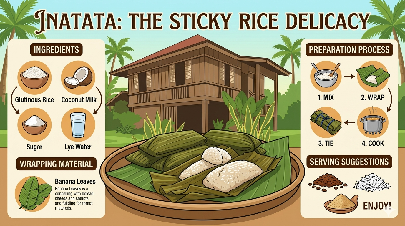 Infographic showing glutinous rice, coconut milk, and sugar with labeled food group classification