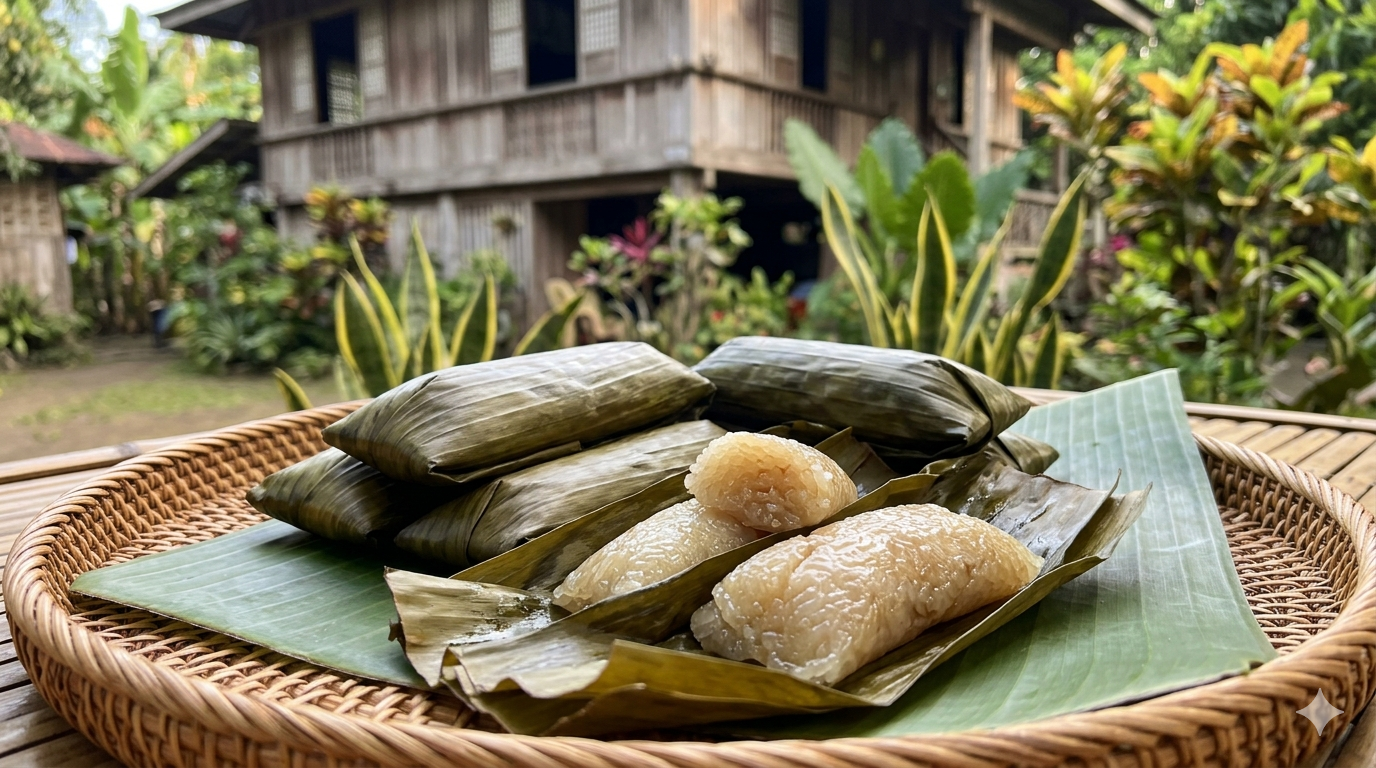 Sticky rice delicacy wrapped in banana leaves on a plate with visible coconut-based texture