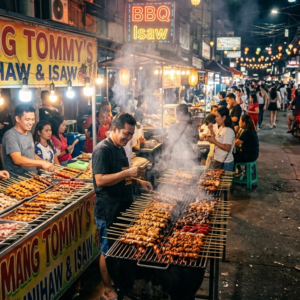 Isaw BBQ skewers grilling over charcoal with visible smoke and street food setup