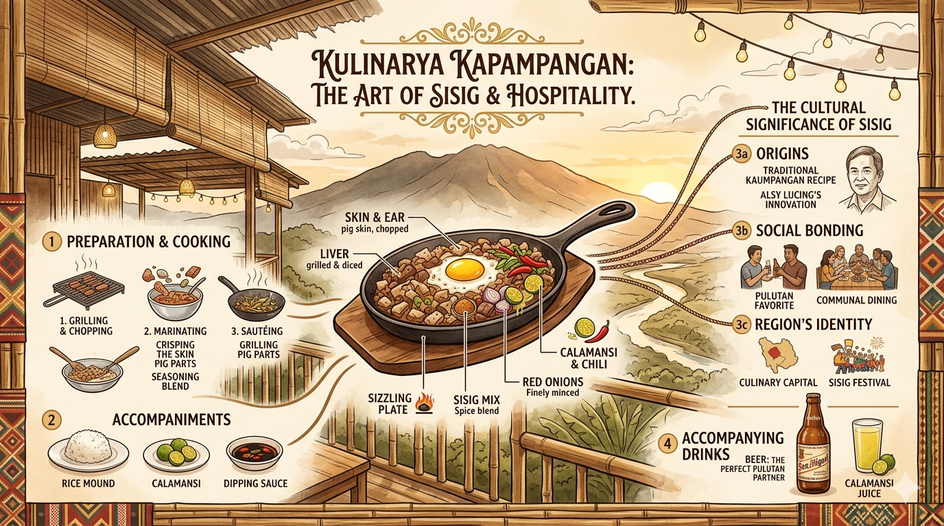 Diagram showing common sisig ingredients, preparation steps, and cooking stages in a structured layout