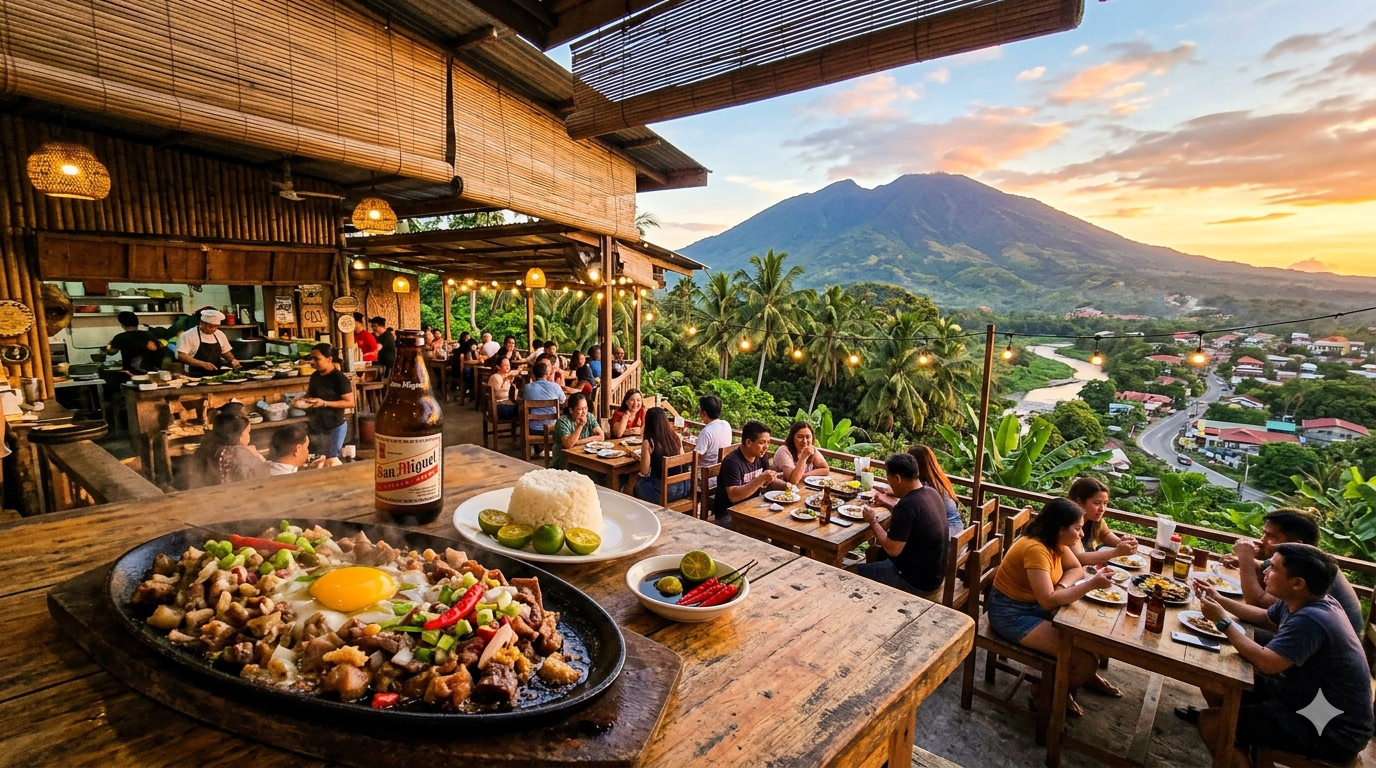 Sizzling plate of chopped pork sisig with onions and chili, garnished with calamansi on a wooden table