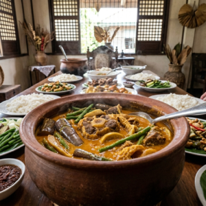 Kare-Kare Kapampangan served in a bowl with peanut-based sauce and mixed ingredients