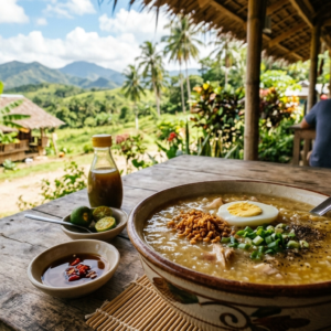 Lugaw and Arroz Caldo served in bowls with rice porridge texture and traditional toppings