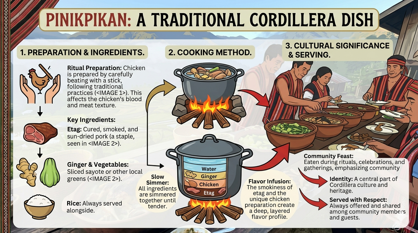 Infographic showing pinikpikan ingredients, preparation steps, and regional origin in the Philippines