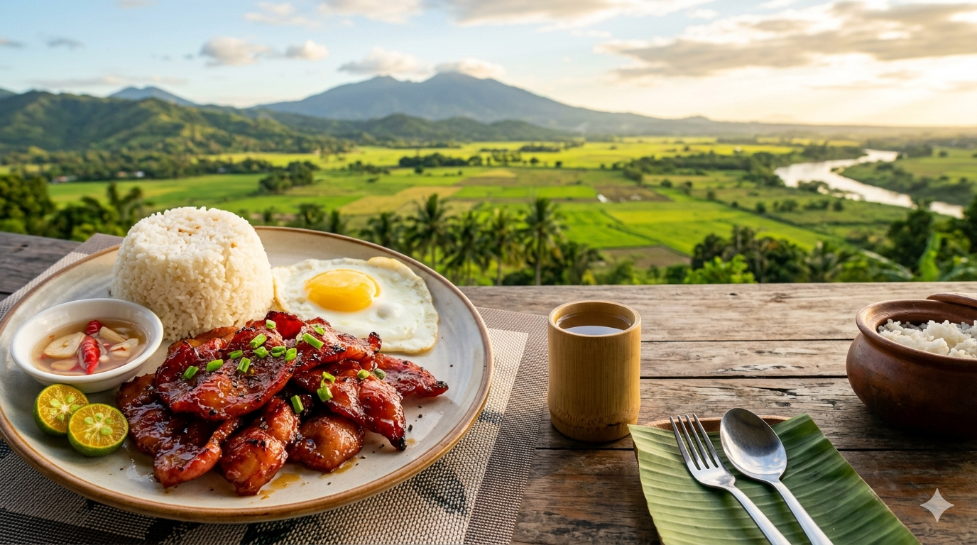 Cooked tocino slices served with rice and egg on a plate in a Filipino breakfast setting