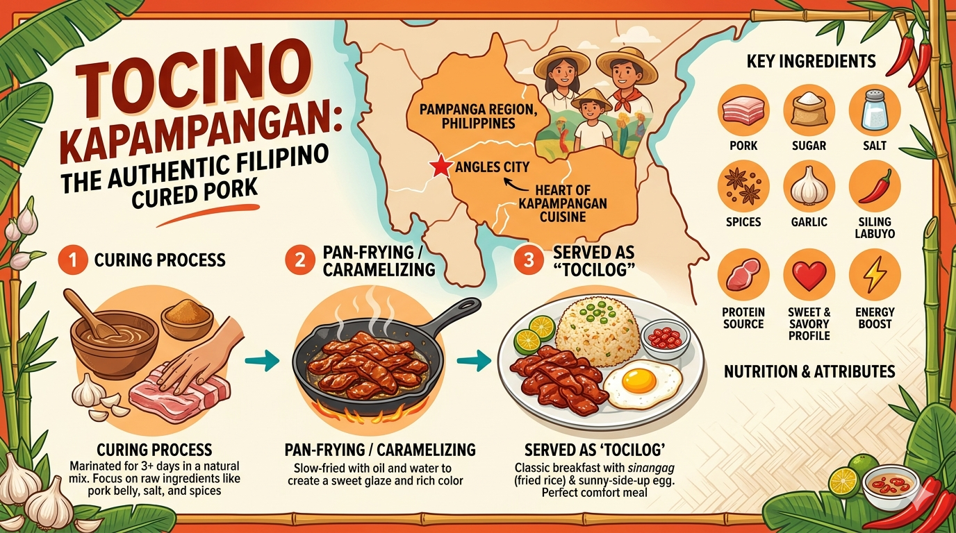 Visual layout showing tocino ingredients, curing process steps, and typical serving presentation