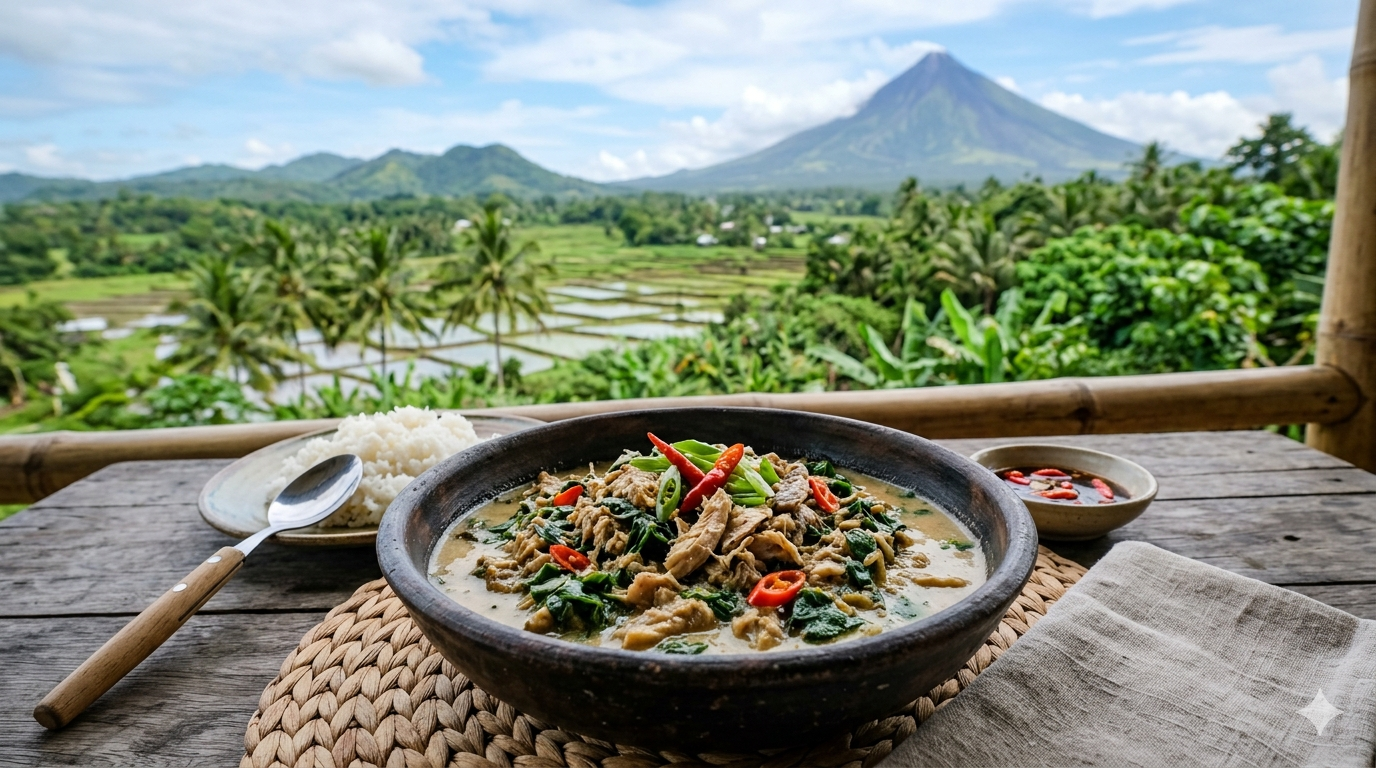 Bowl of kinunot with flaked shark or stingray in coconut milk with greens and chili