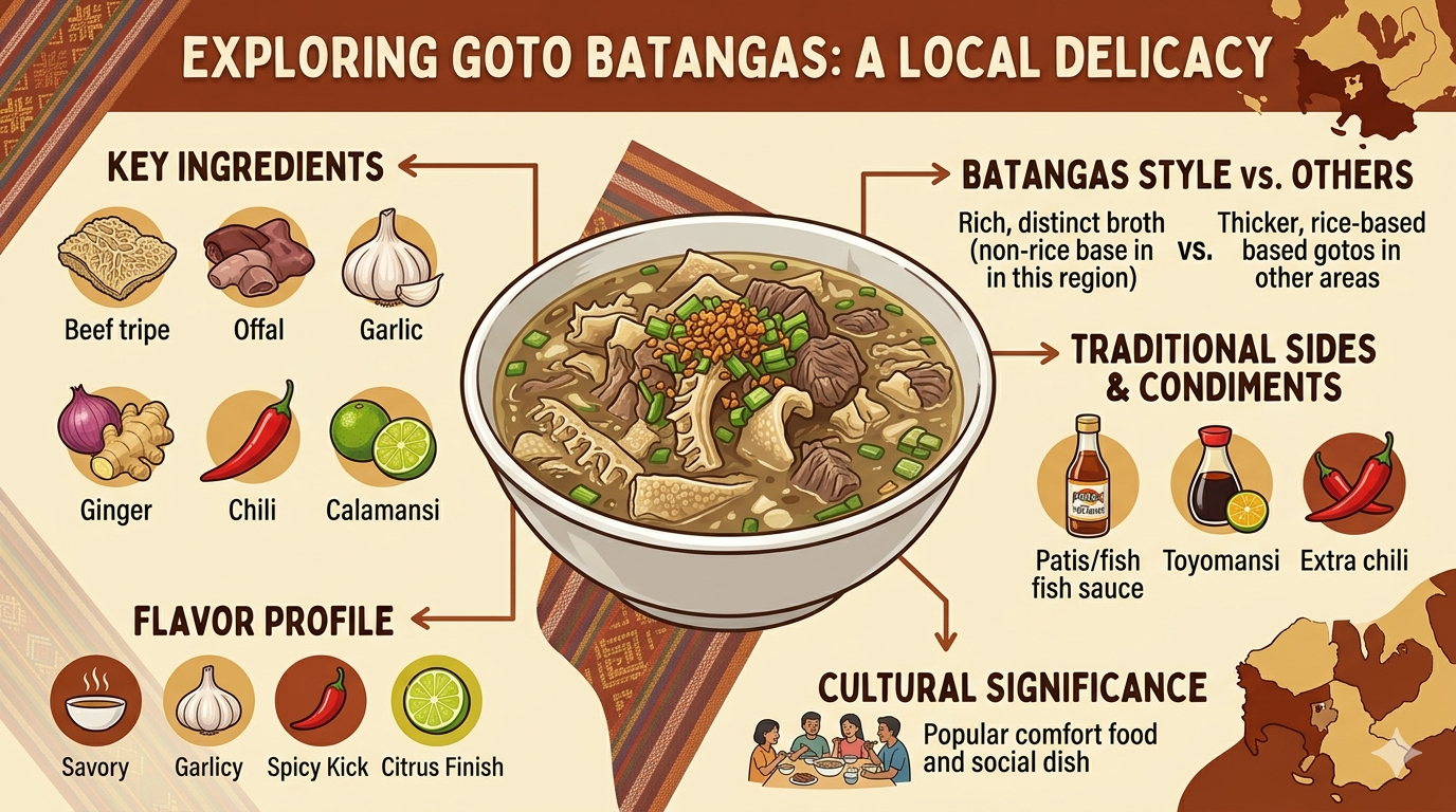 Infographic showing key components of Batangas goto including rice, beef tripe, broth, and common toppings