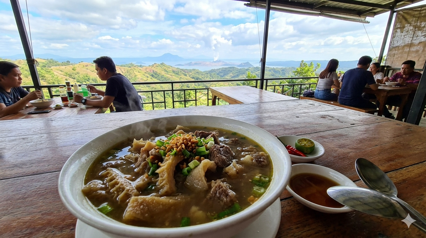 A bowl of Batangas goto with rice porridge, beef tripe, garlic topping, and broth in a simple serving setting