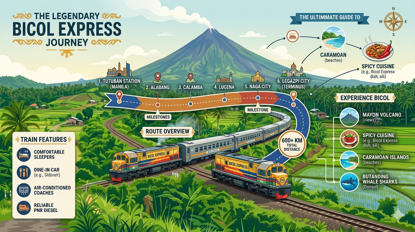 Infographic showing key ingredients of Bicol Express including pork, coconut milk, chili peppers, and shrimp paste