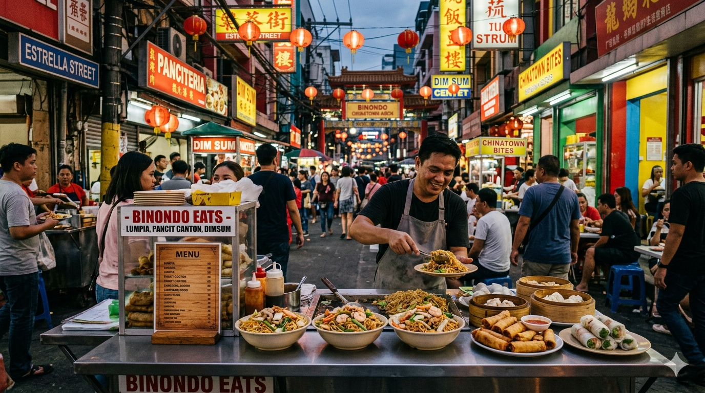 Assorted Chinese-Filipino dishes including lumpia and pancit canton arranged on a dining table