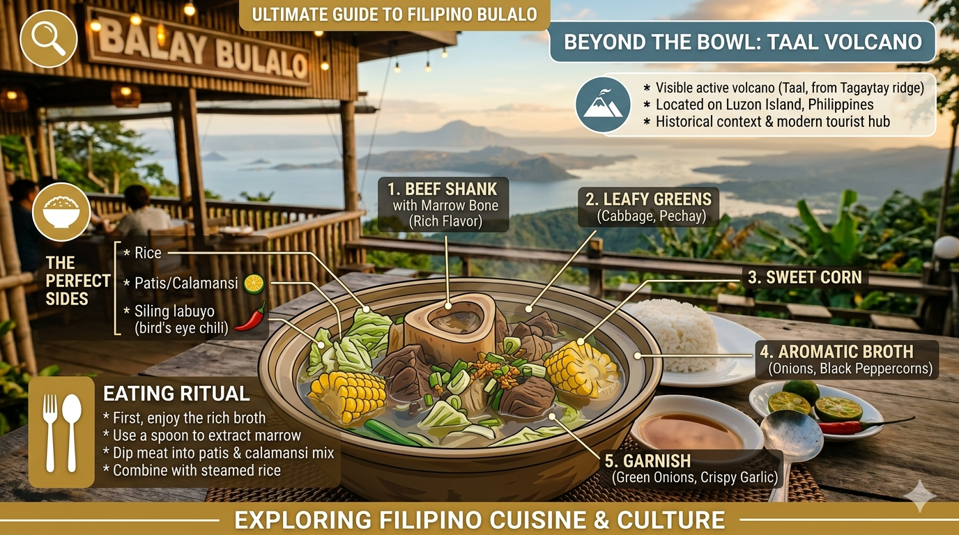 Diagram showing bulalo ingredients including beef shank, bone marrow, corn, cabbage, and broth components