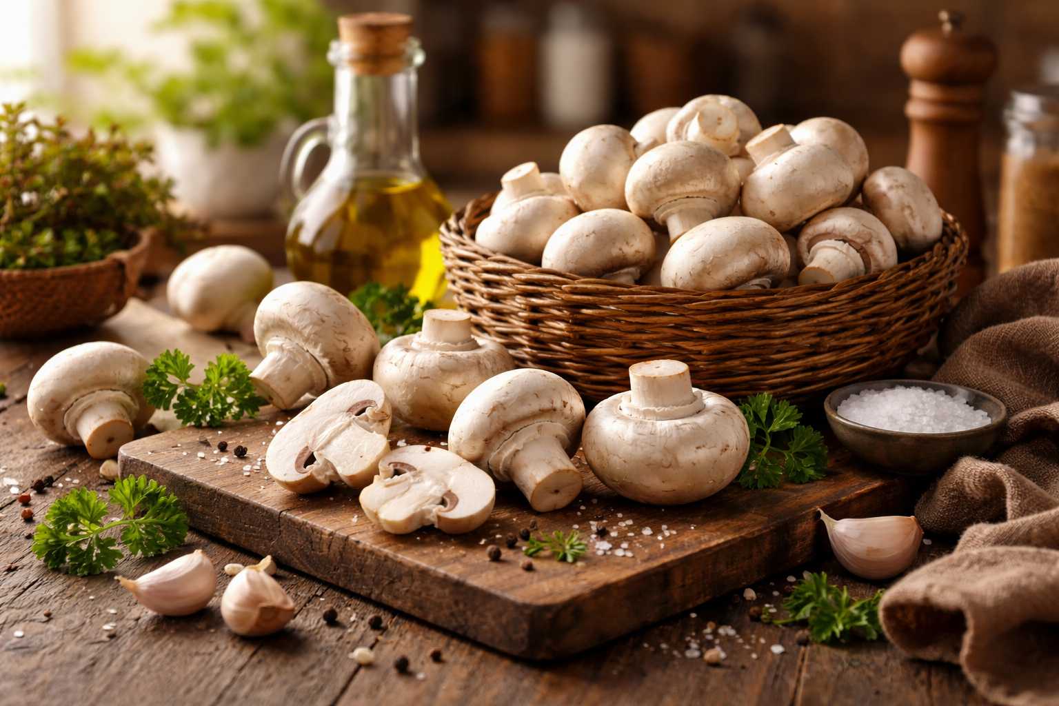 Fresh white button mushrooms displayed in a neutral kitchen setting.