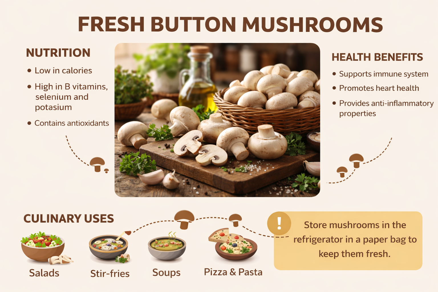 Educational infographic showing types and common uses of button mushrooms.