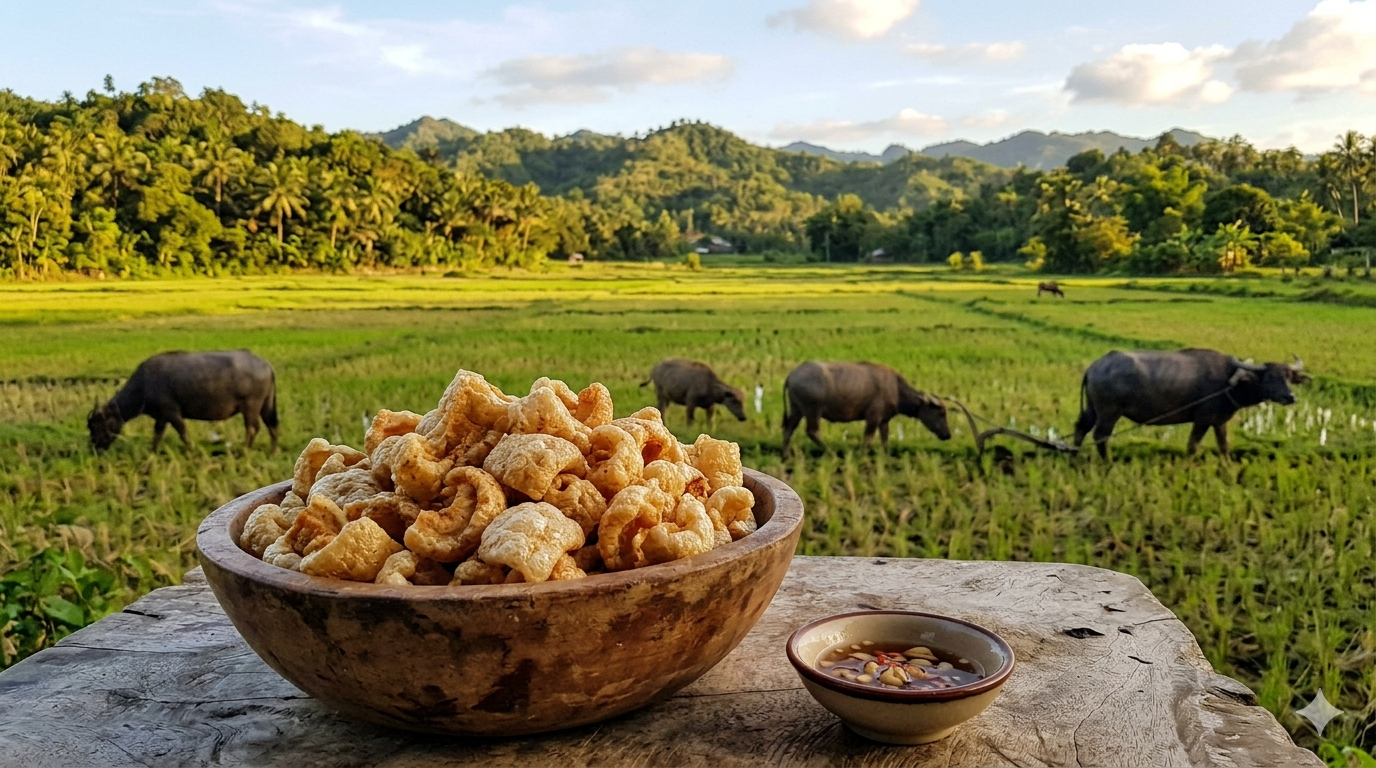 Crispy fried carabao skin chicharon pieces served on a plate with dipping sauce