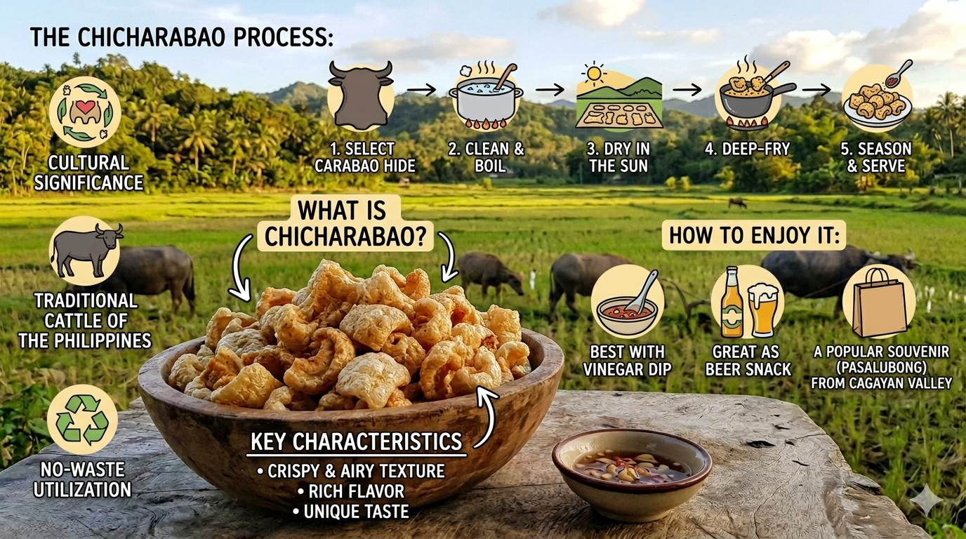 Infographic showing steps in making chicharabao and listing common ingredients and basic food composition elements