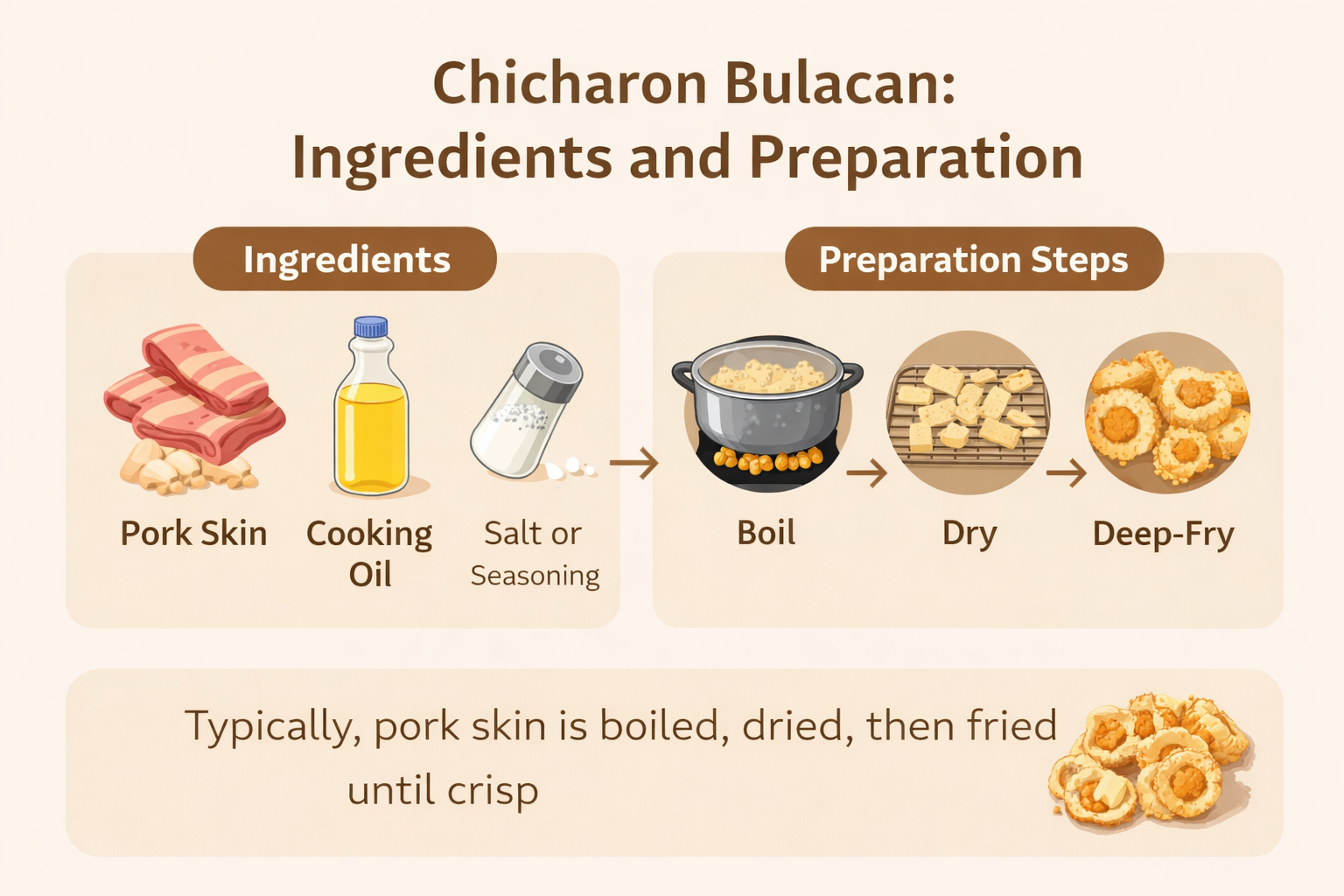 Infographic showing steps of chicharon preparation and its main components including pork skin, oil, and seasoning