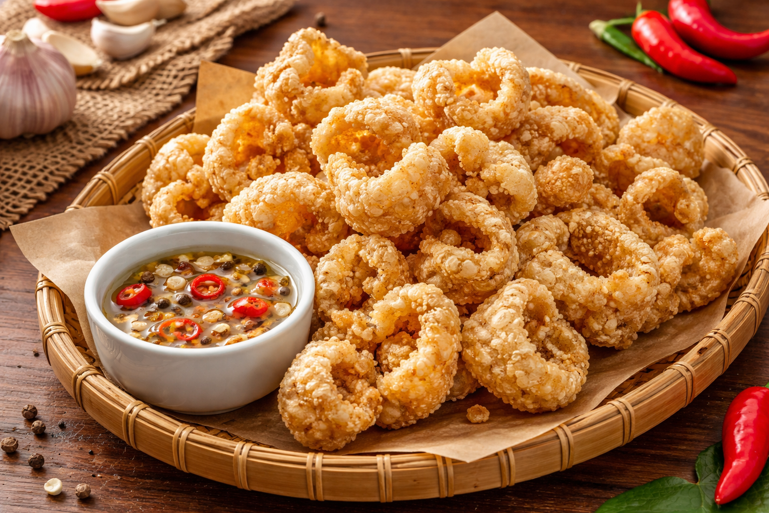 Crispy pork rind pieces arranged on a plate with a small bowl of vinegar dip