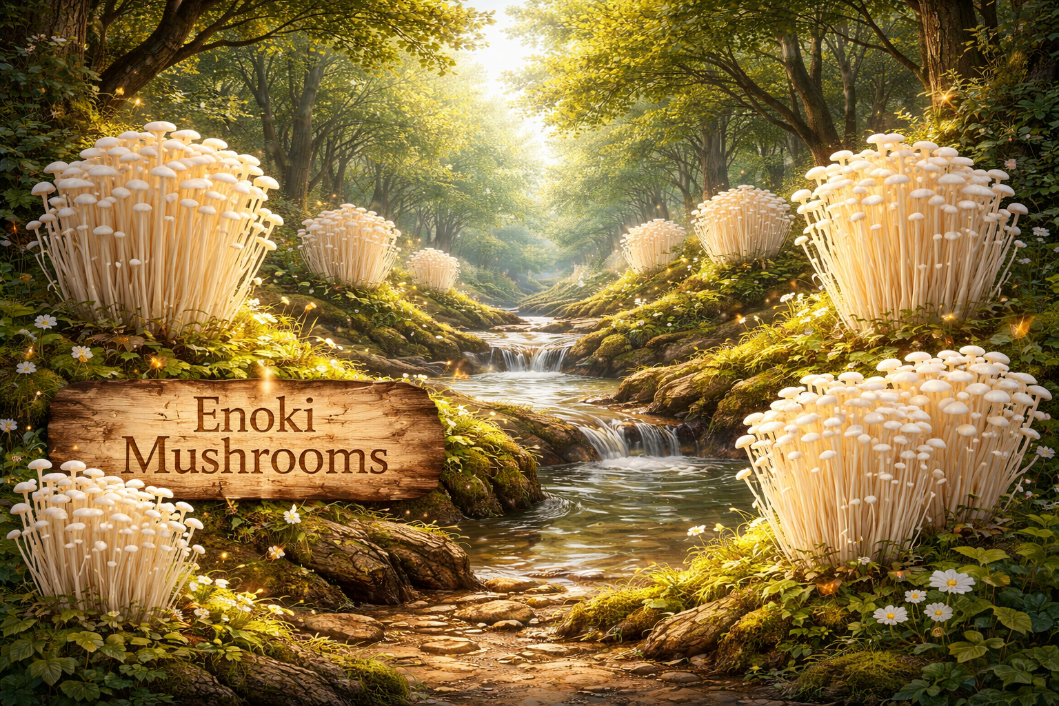 Enoki mushrooms displayed on a neutral surface for educational content.