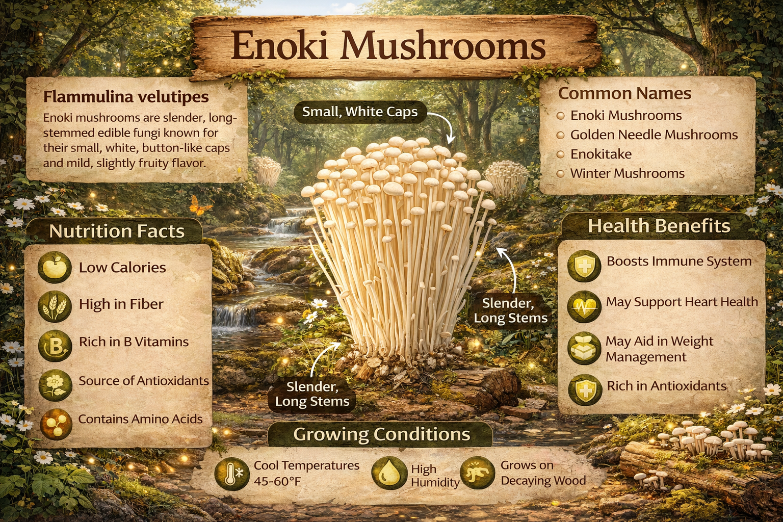 Infographic showing types and general characteristics of enoki mushrooms.