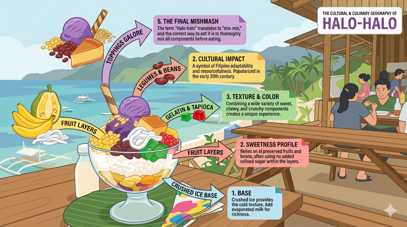 Visual breakdown of halo-halo ingredients: beans, fruits, jellies, shaved ice, and milk.