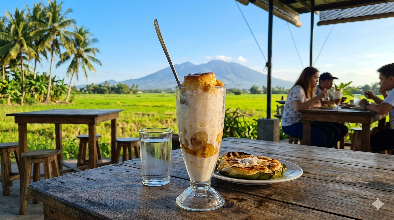A glass of halo-halo with shaved ice, milk, beans, fruits, and leche flan topping