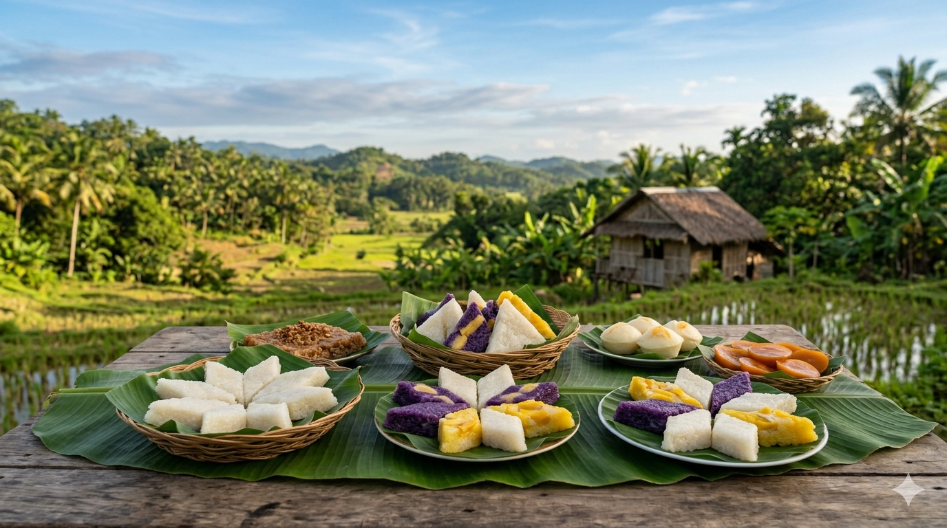 Glutinous rice kakanin arranged on banana leaves with grated coconut topping