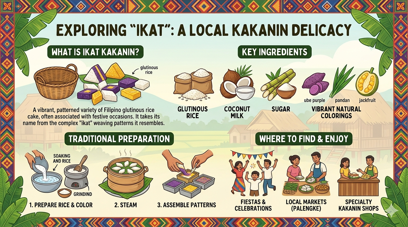 Diagram showing ingredients and preparation steps of ikat kakanin including rice, coconut milk, and sugar