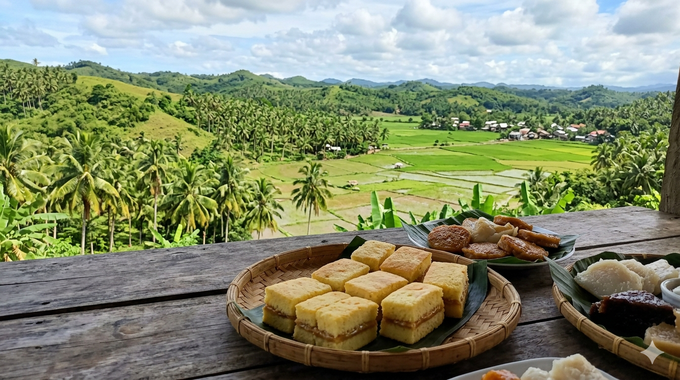 Rectangular slices of inipit rice cake with custard filling arranged on a plate