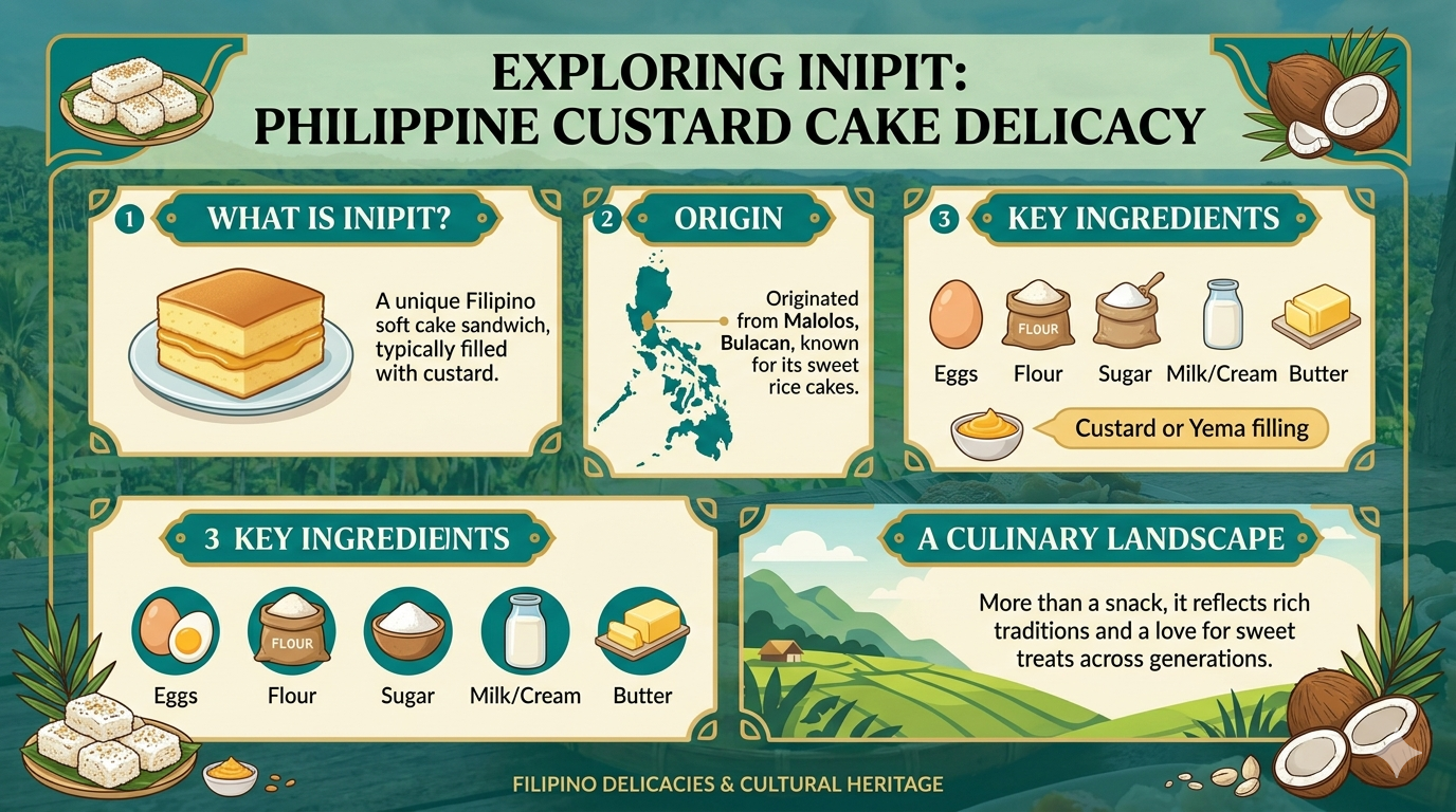 Diagram showing ingredients and step-by-step preparation of inipit rice cake with labeled components