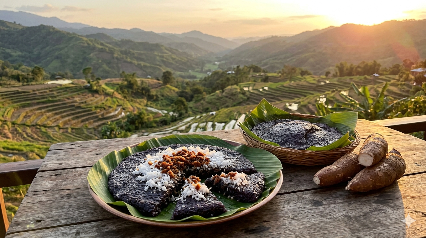 Cooked cassava dessert iniruban in a pan with a thick, sticky texture and light brown color