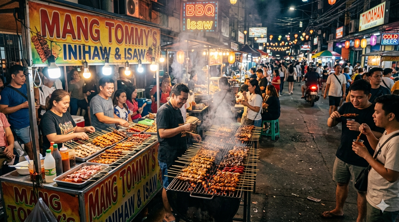 Photograph of isaw and BBQ skewers being grilled over charcoal, with visible food textures.