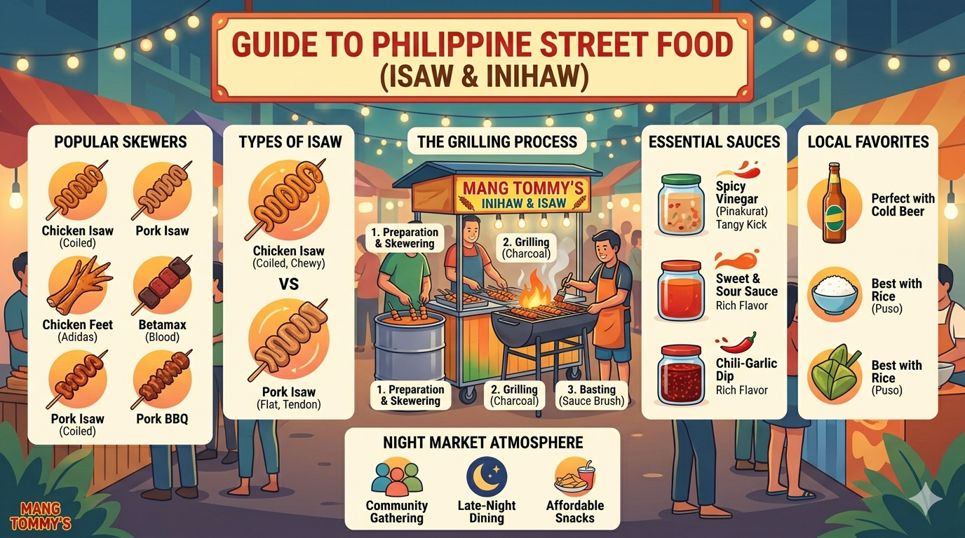Illustration showing steps for preparing and grilling isaw and BBQ skewers safely.