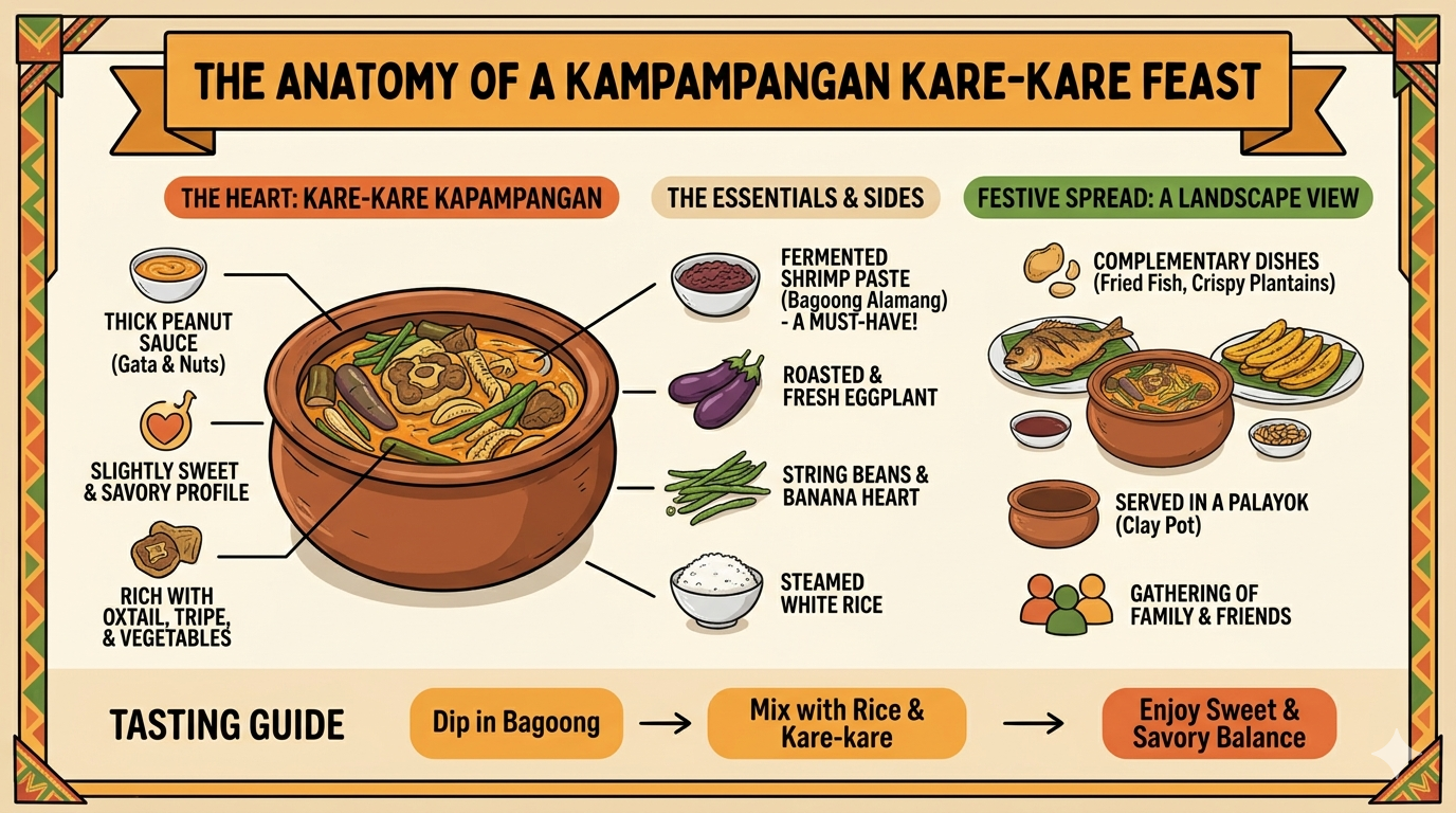 Diagram showing Kare-Kare ingredients including meat, vegetables, peanut sauce, and rice components