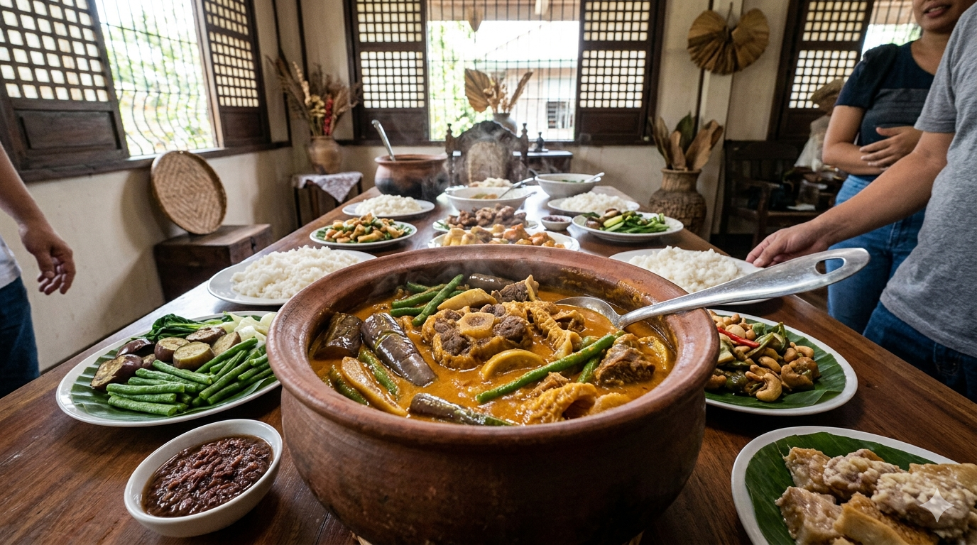 A bowl of Kare-Kare with oxtail, vegetables, and peanut sauce served with rice