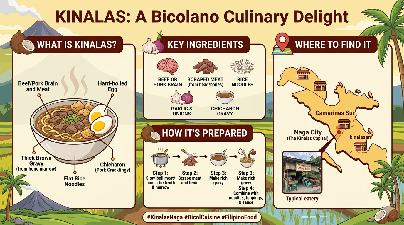Infographic showing kinalas ingredients, cooking steps, and components including noodles, beef, and broth