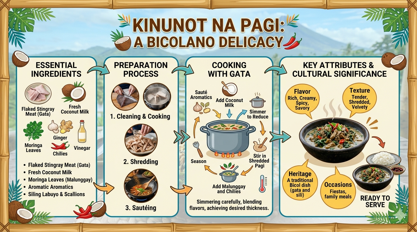 Infographic showing shark or stingray, coconut milk, vegetables, and aromatics used in kinunot