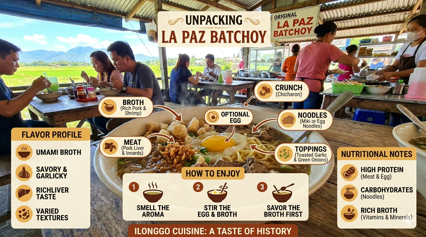 Illustrated breakdown of La Paz Batchoy ingredients and composition.