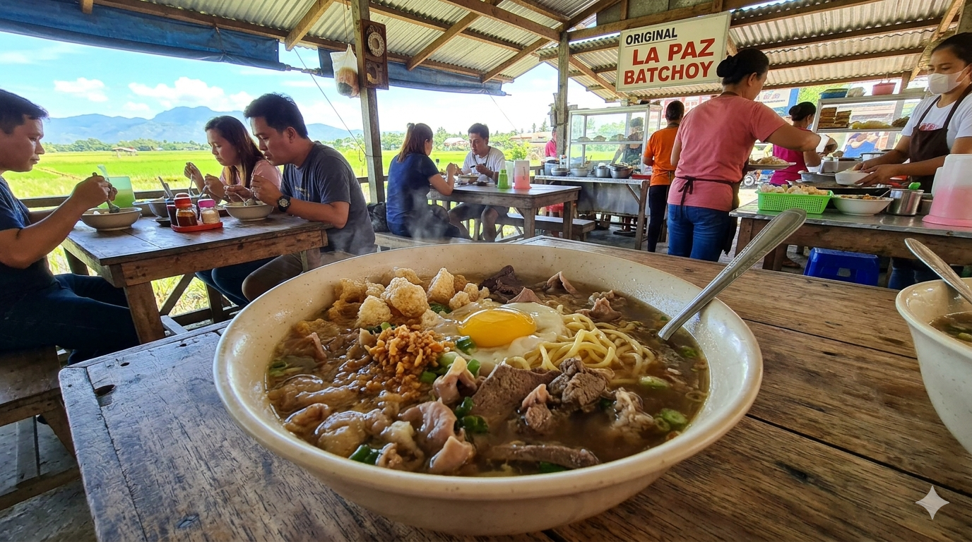 Bowl of La Paz Batchoy noodle soup with broth, pork, and toppings.