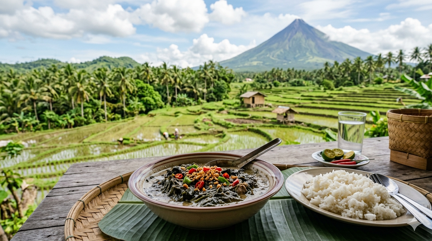 Cooked laing made with taro leaves and coconut milk in a bowl with visible chili and spices