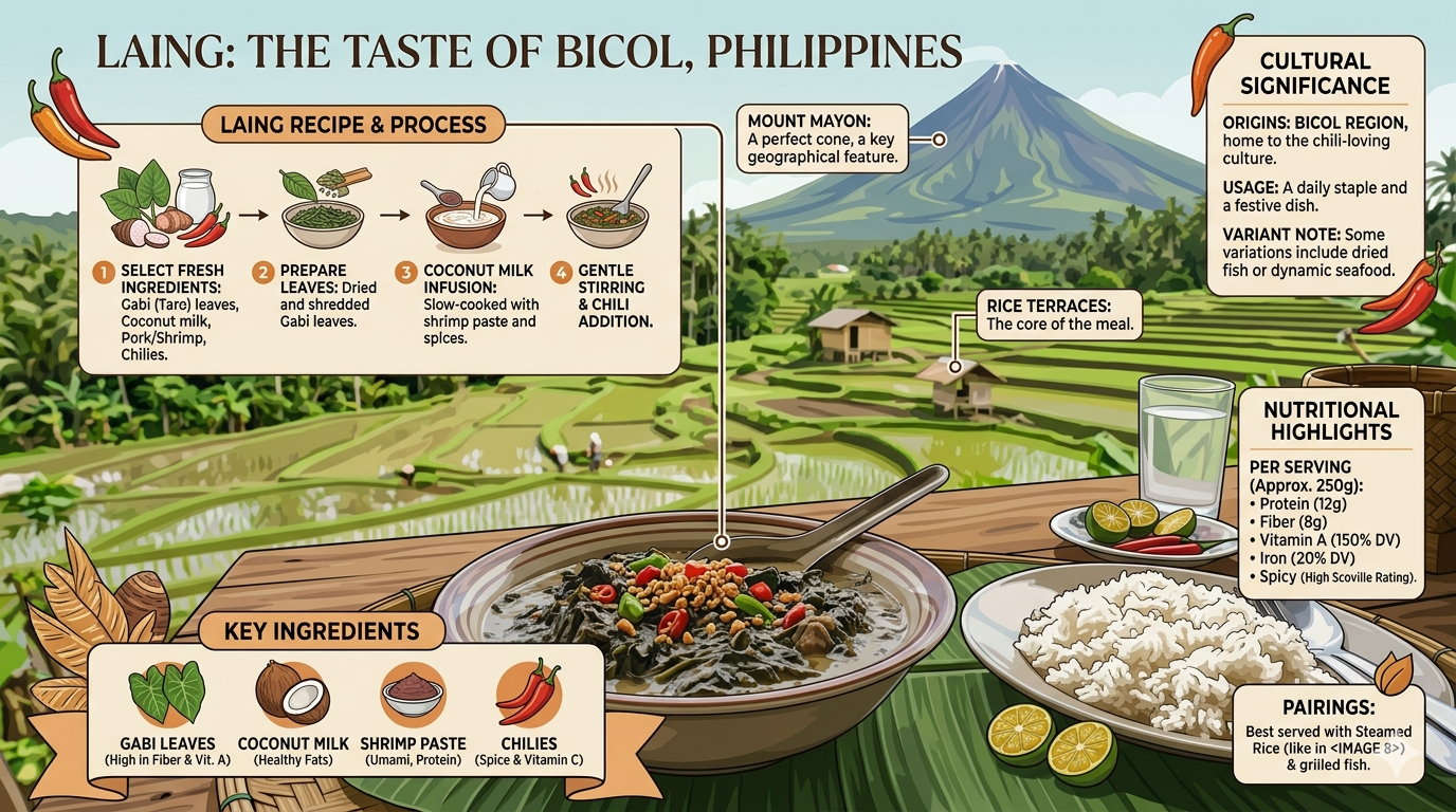 Illustrated breakdown of laing ingredients including taro leaves, coconut milk, spices, and optional protein additions